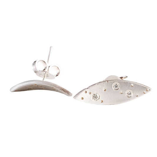 Silver and Diamond Leaf Studs