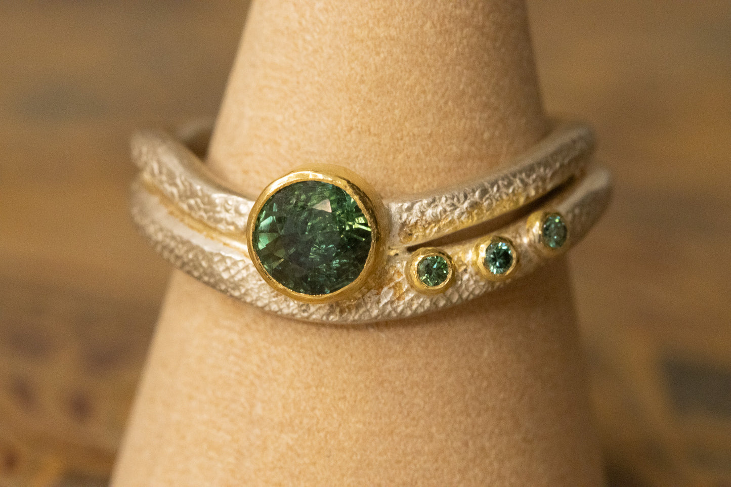 Taylor silver and green sapphire ring size P