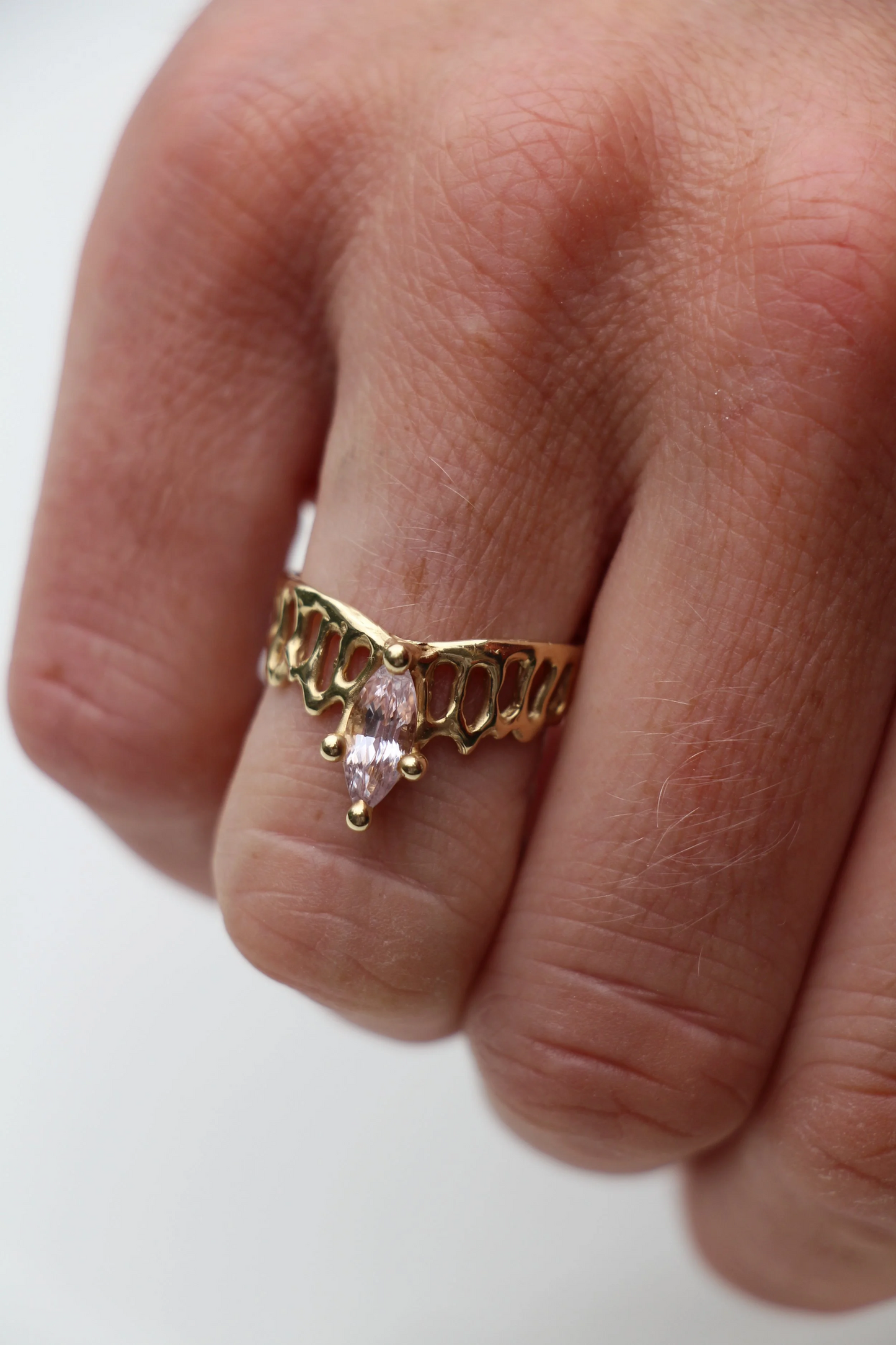Pink marquise 1.1ct sapphire mermaid crown ring in 14ct yellow gold