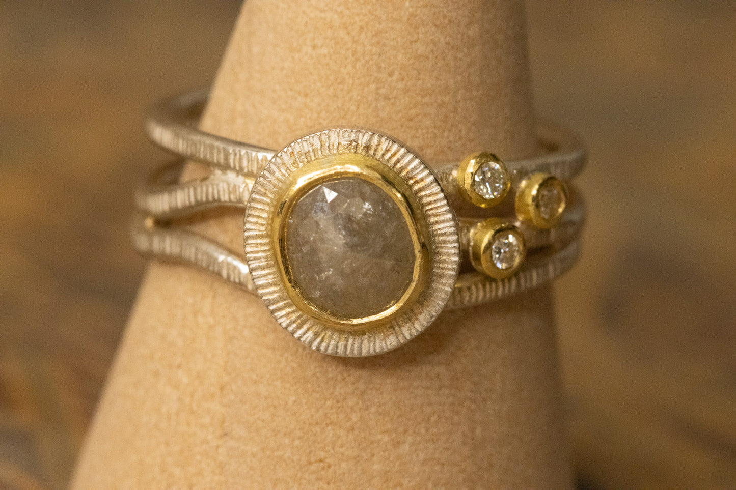 Salt & Pepper Diamond Silver Ring with 18ct Gold Detail