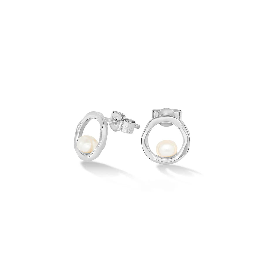 Circle & Pearl Stud Earrings - Silver