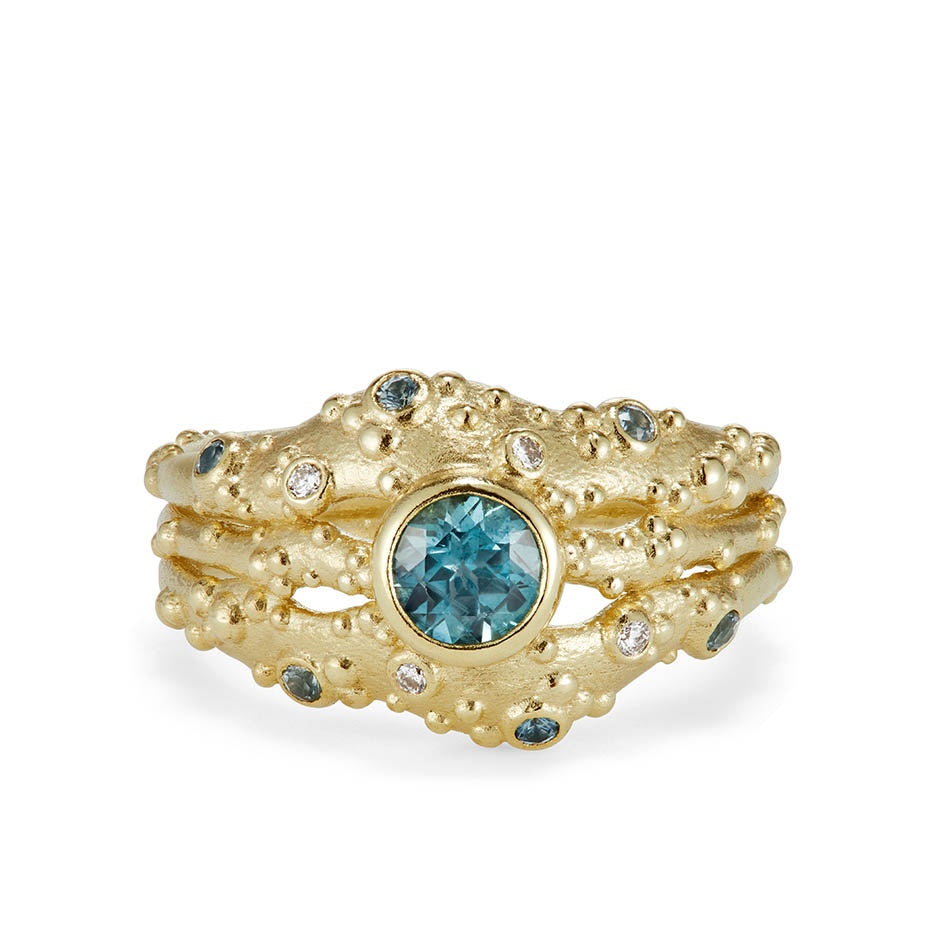 Orno three strand statement ring with blue sapphire and diamonds 14ct yellow gold