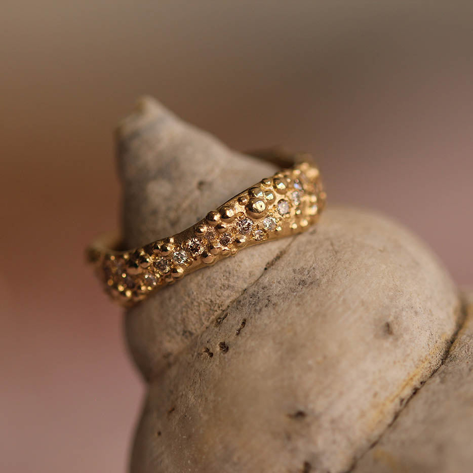 Orno wide ring with champagne and white diamonds 9ct yellow gold