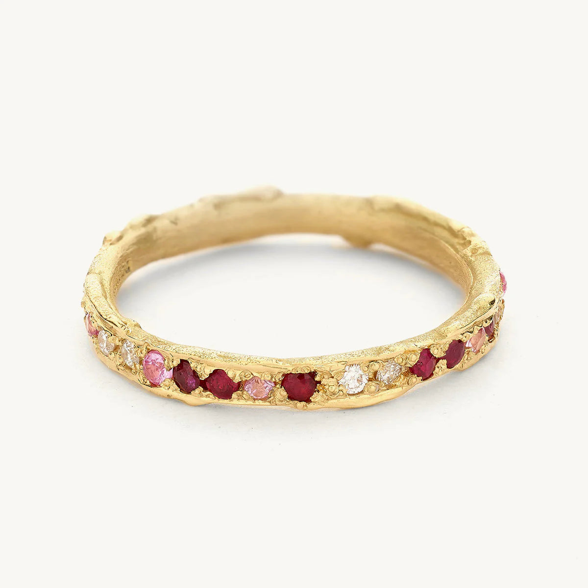 ruby, sapphire and dimaond yellow gold eternity ring
