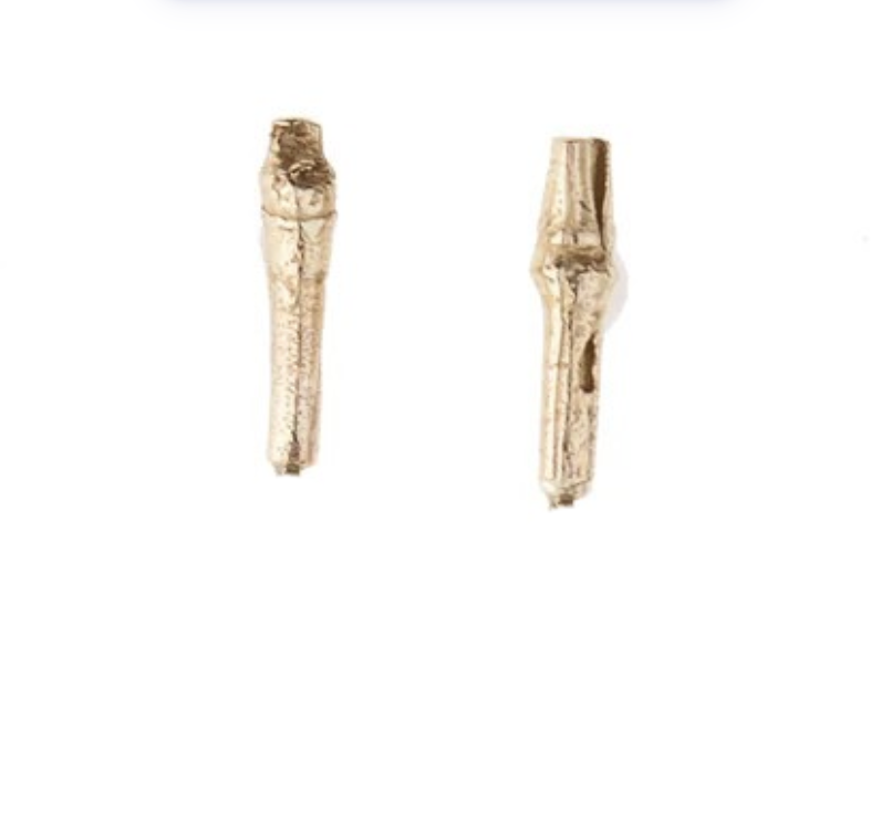 A pair of small gold-toned stud earrings with a textured, organic, branch-like shape, shown on a plain white background.