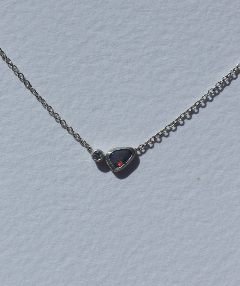 Opal & Diamond Silver Necklace