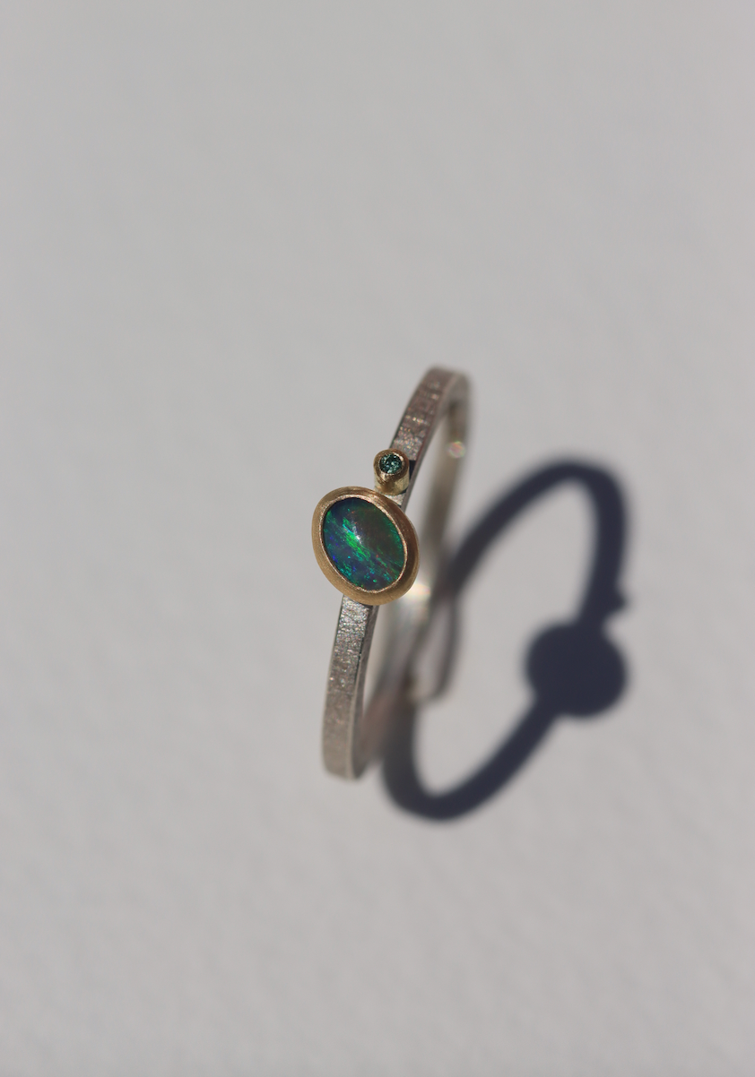 Mini Green-Blue Opal Asymmetric & Green Diamond Ring