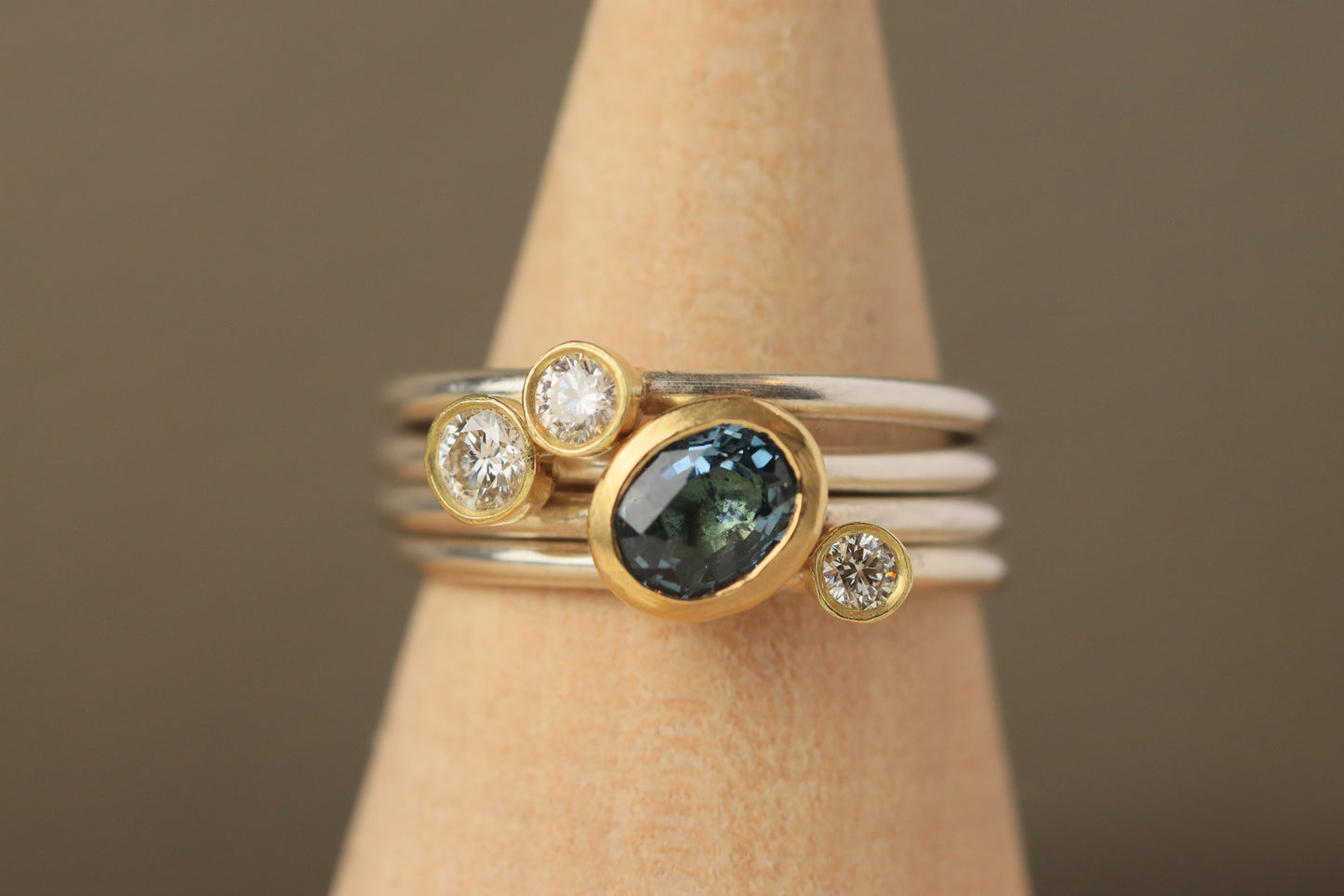 Stacking rings with diamonds and Blue Tourmaline