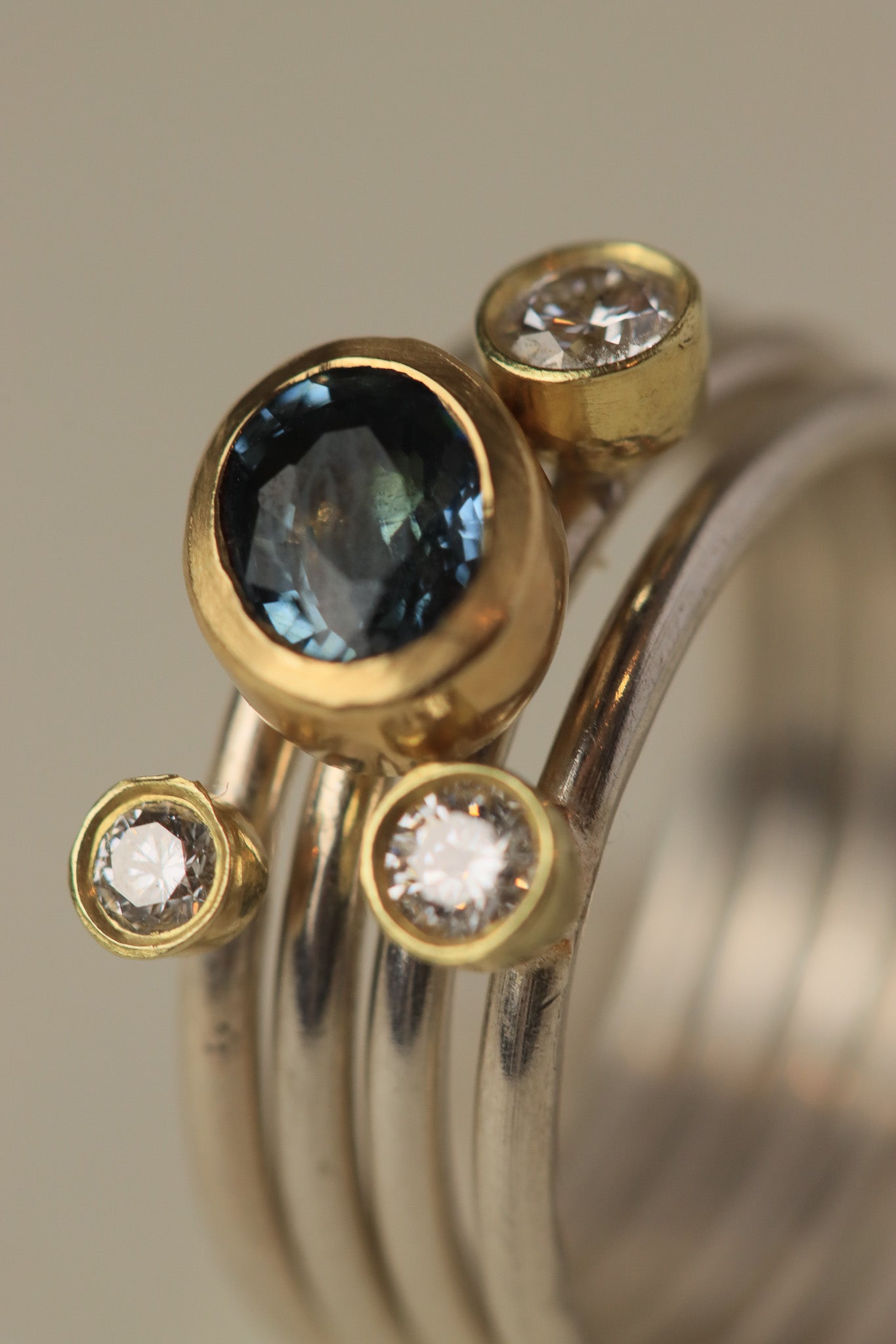 Stacking rings with diamonds and Blue Tourmaline