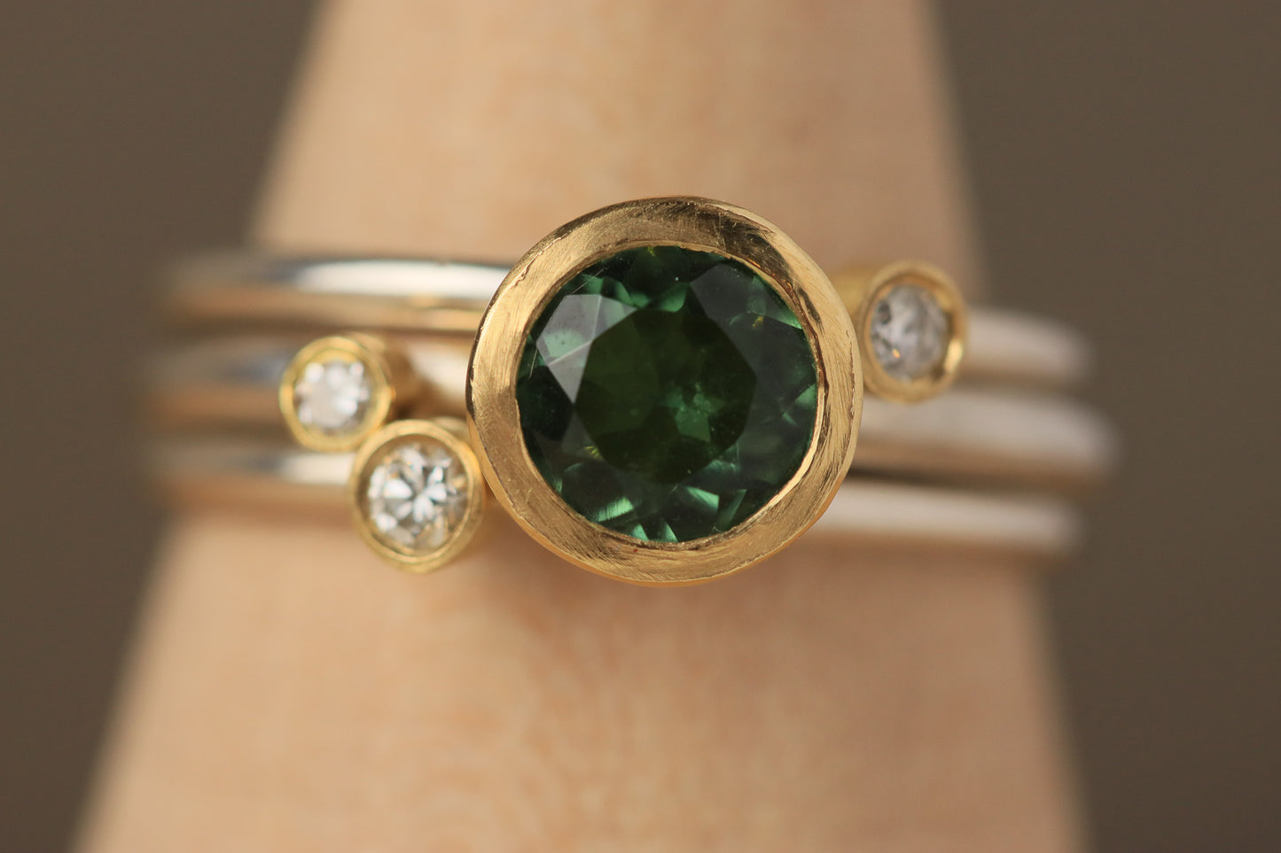 Stacking rings with diamonds and Green Tourmaline