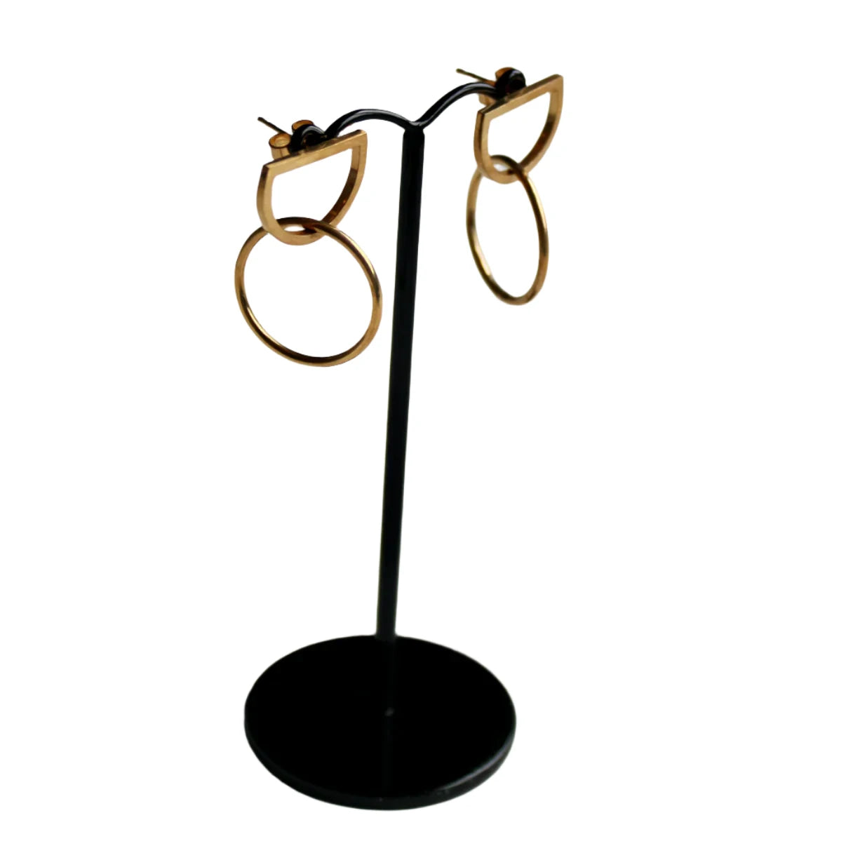 arc circle earrings gold on stand