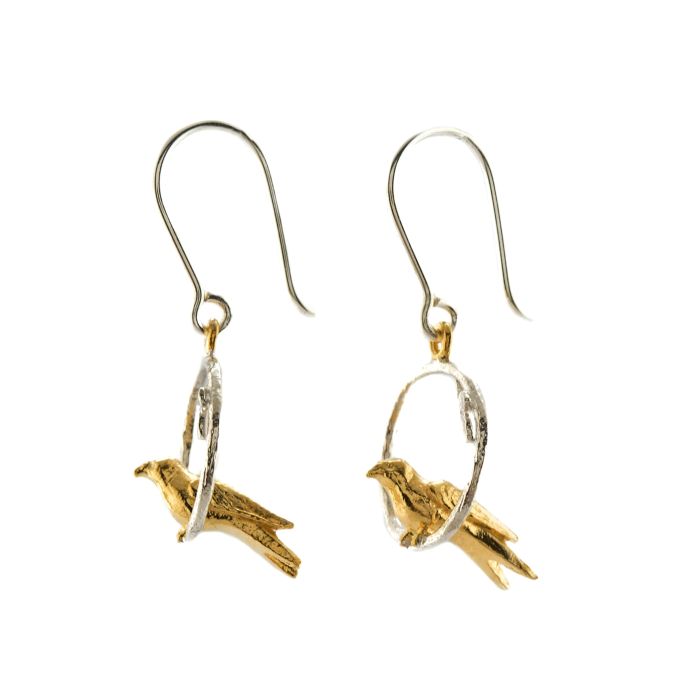 tiny bird earrings silver and gold