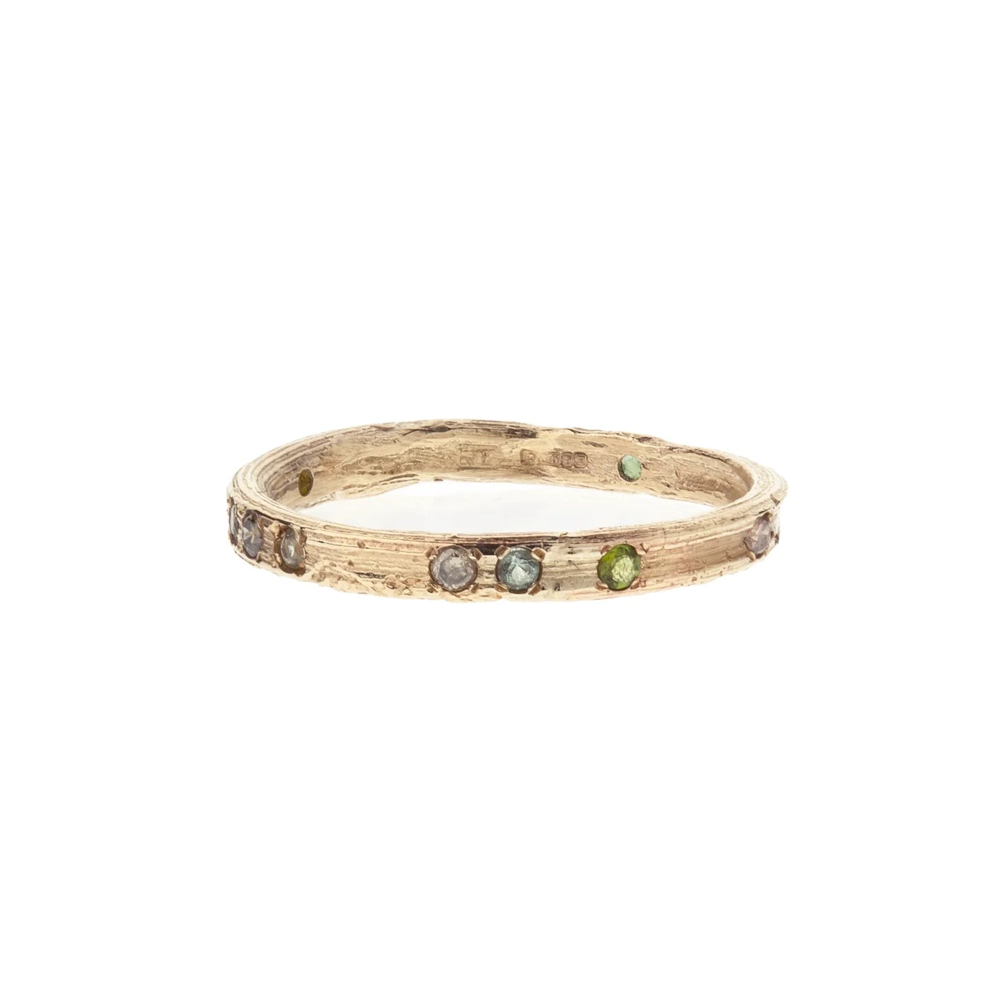 yellow gold eternity ring with sapphires, diamonds and tourmalines