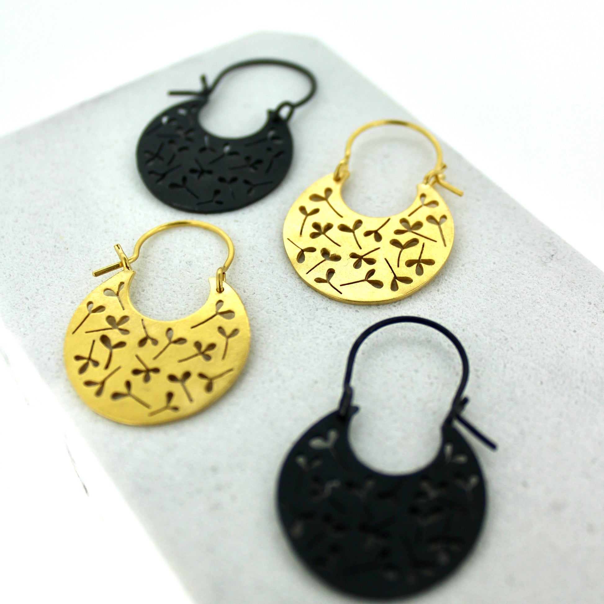 gypsy leaf hoop earrings black and gold