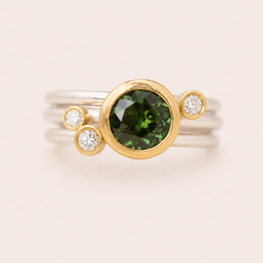 Stacking rings with diamonds and Green Tourmaline