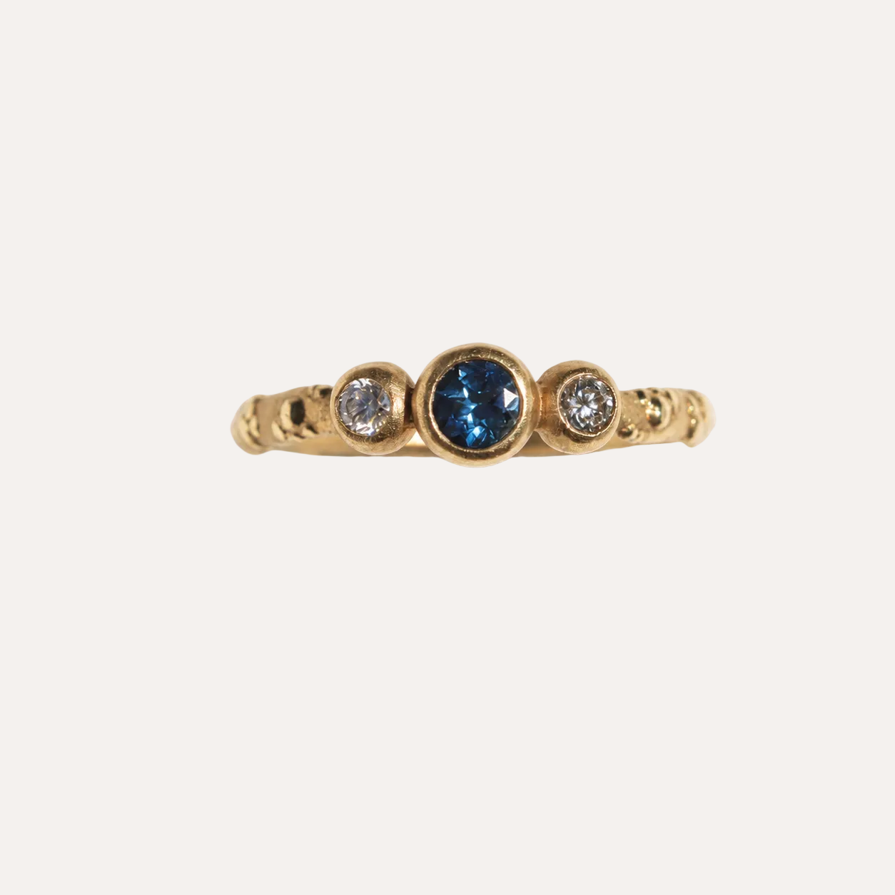 Orno 3 stone ring with blue sapphire 9ct yellow gold