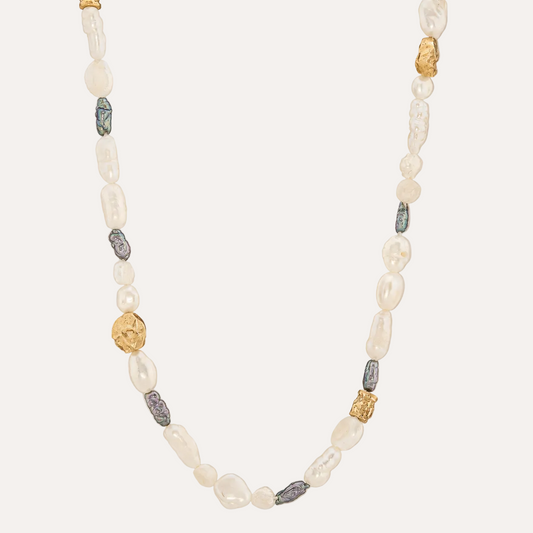 Pearl Necklace with Golden Bark Nuggets