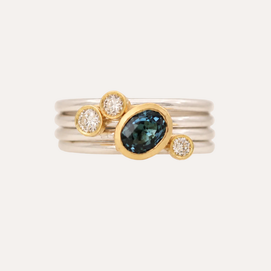 Stacking rings with diamonds and Blue Tourmaline