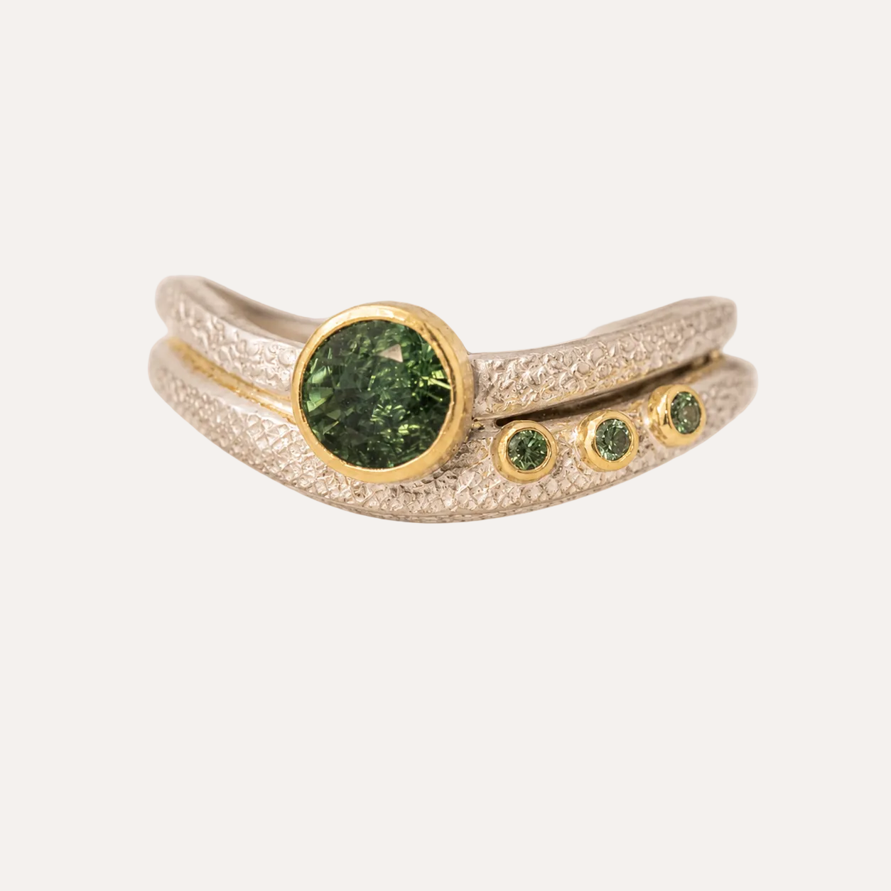 Green sapphire ring in silver with teal diamonds and 18ct yellow gold settings