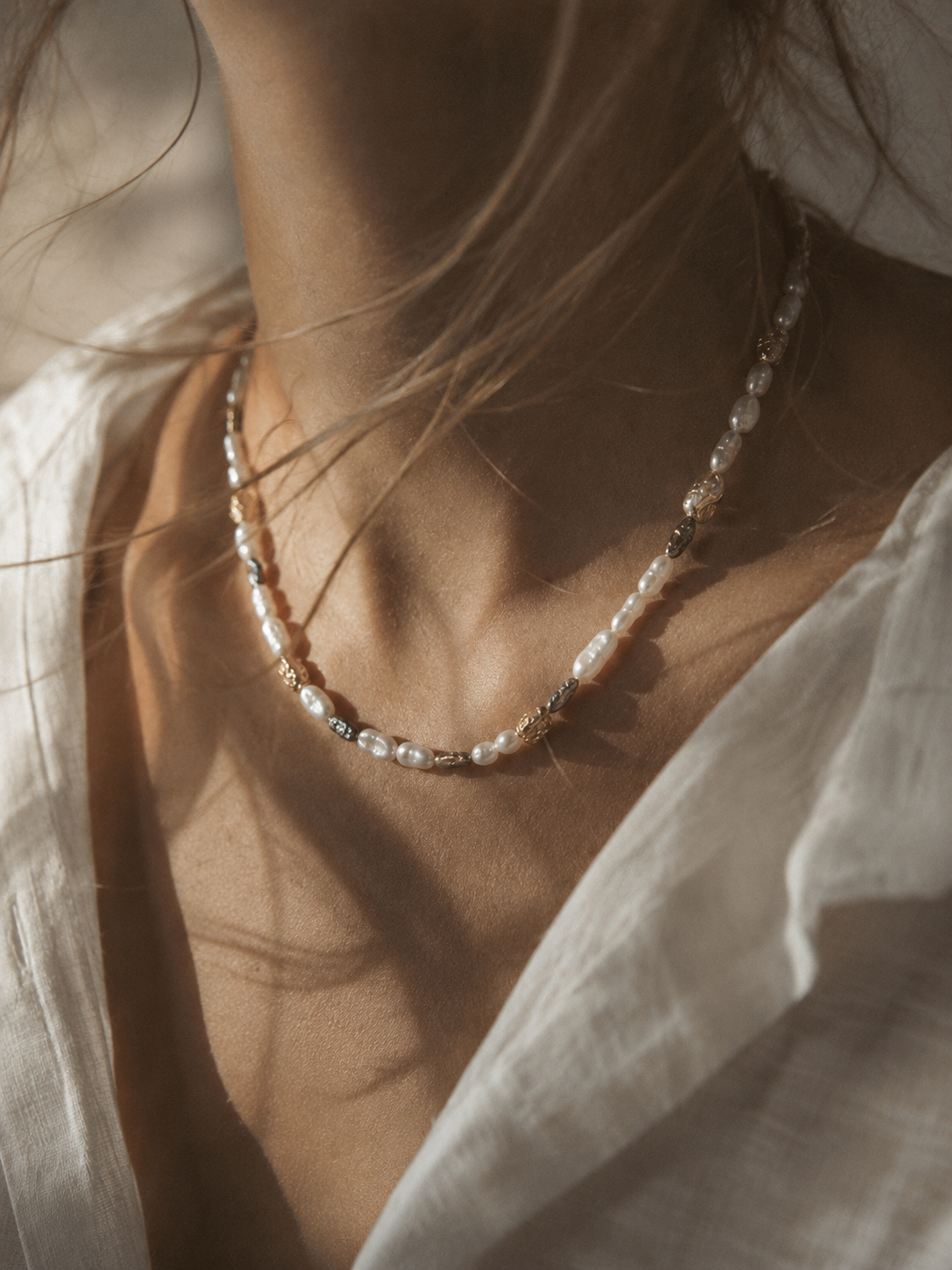 Pearl Necklace with Golden Bark Nuggets