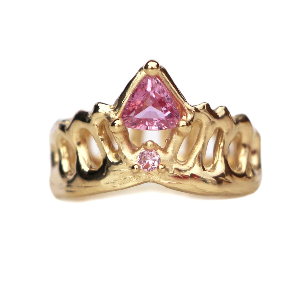 Trillion pink sapphire mermaid crown ring 14ct yellow gold
