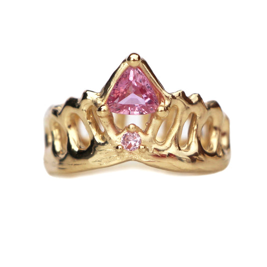 Trillion pink sapphire mermaid crown ring 14ct yellow gold