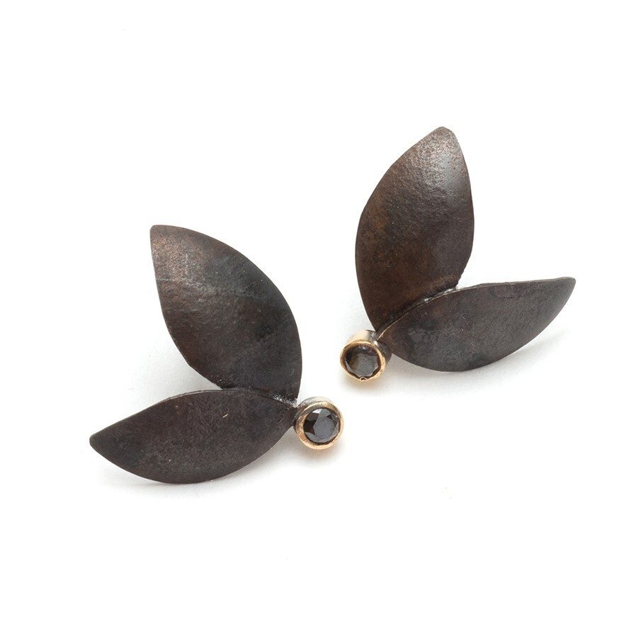 Oxidised Leaf & Diamond Earrings