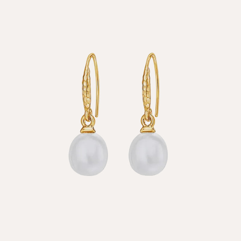 8mm Oval white luna pearl drop earrings - Gold vermeil