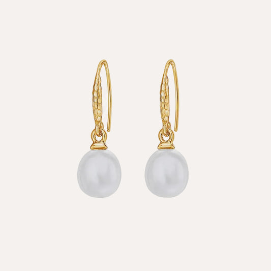 8mm Oval white luna pearl drop earrings - Gold vermeil