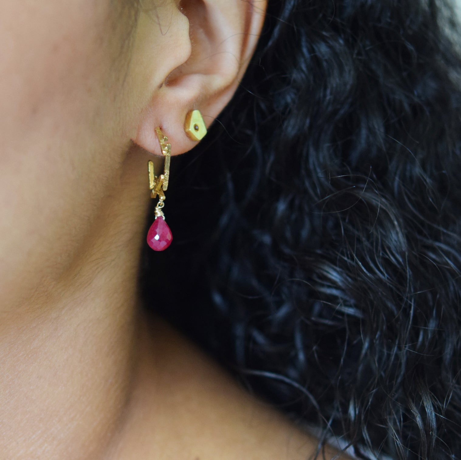 Hexagon Ruby Hoop Earrings