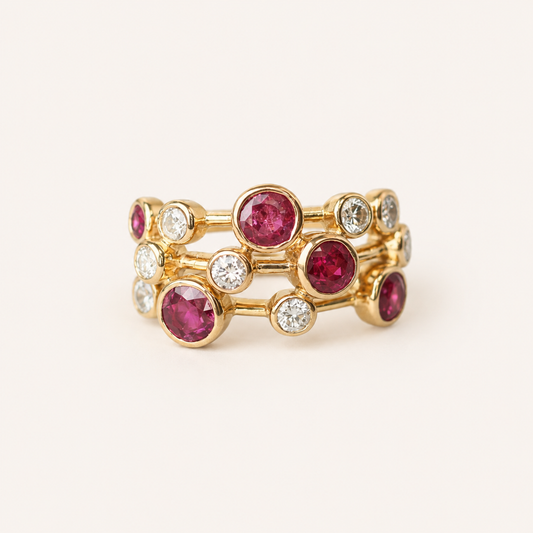 Scatter ring with 2.1ct Ruby and 0.75ct Diamond in 18ct yellow gold