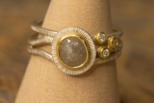 Salt & Pepper Diamond Silver Ring with 18ct Gold Detail
