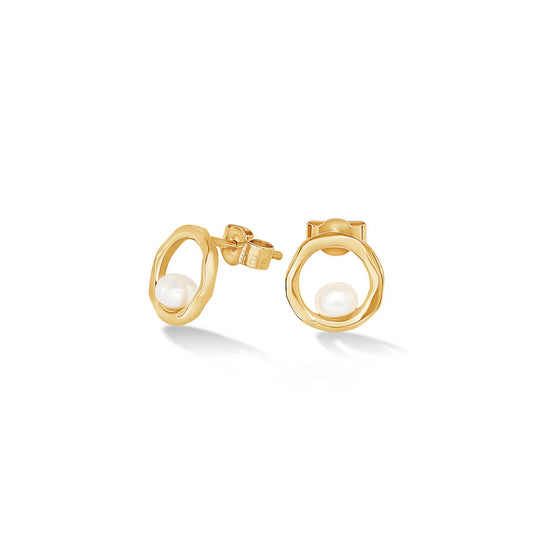 Circle & Pearl Stud Earrings - Gold