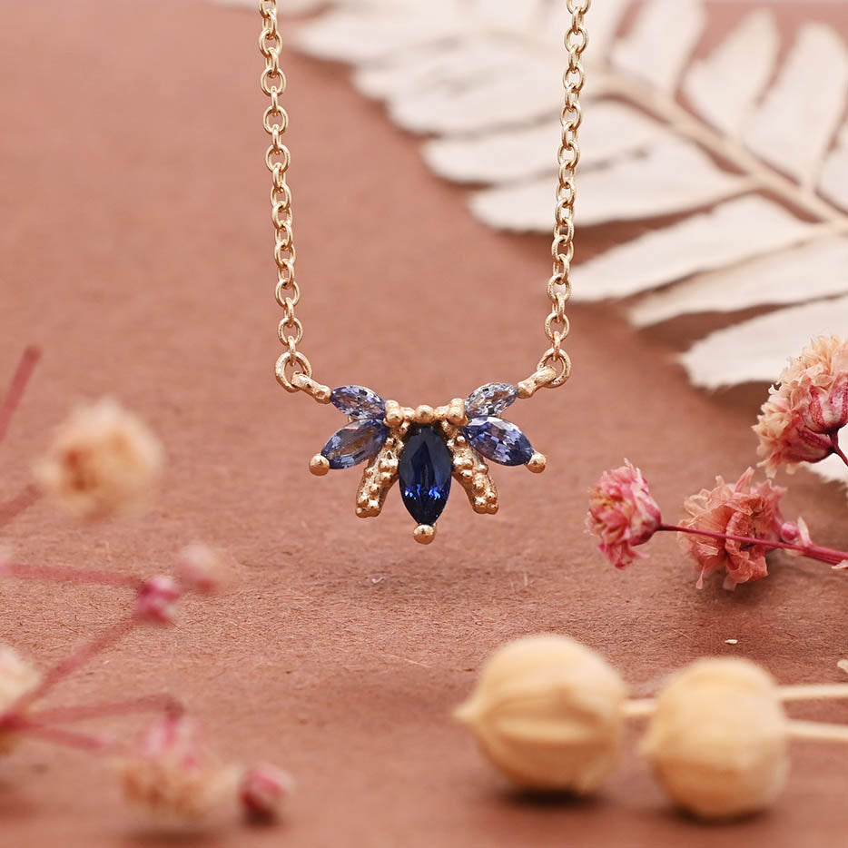 Orno blue sapphire marquise flare pendant 14ct yellow gold