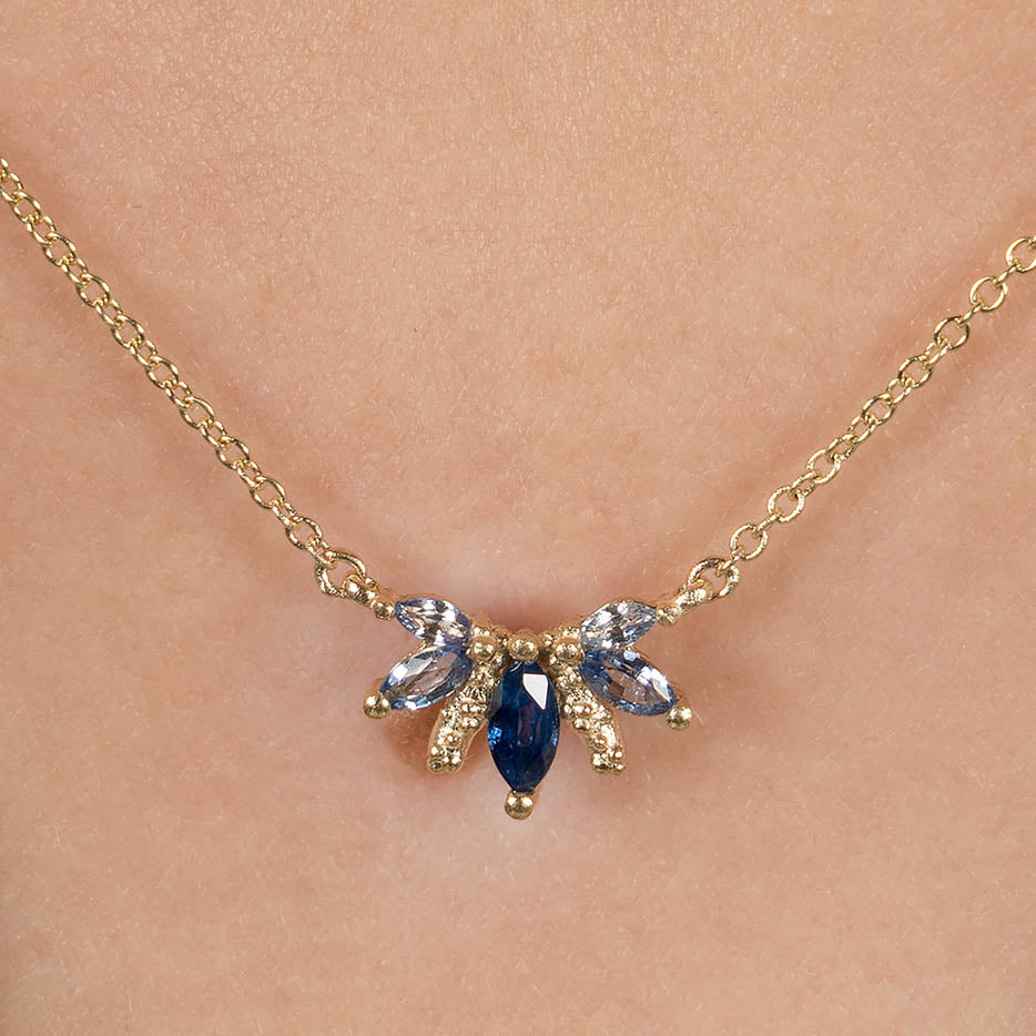Orno blue sapphire marquise flare pendant 14ct yellow gold