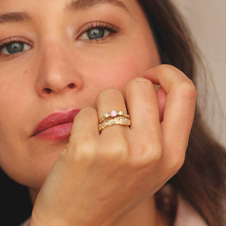Orno wide ring with champagne and white diamonds 9ct yellow gold