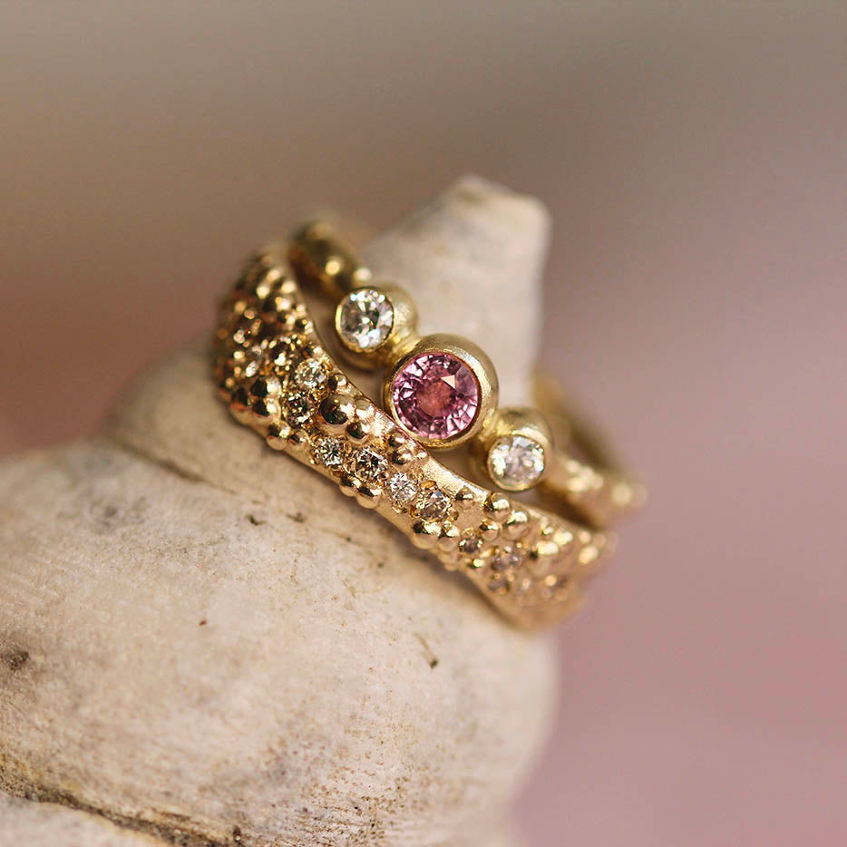 Orno wide ring with champagne and white diamonds 9ct yellow gold