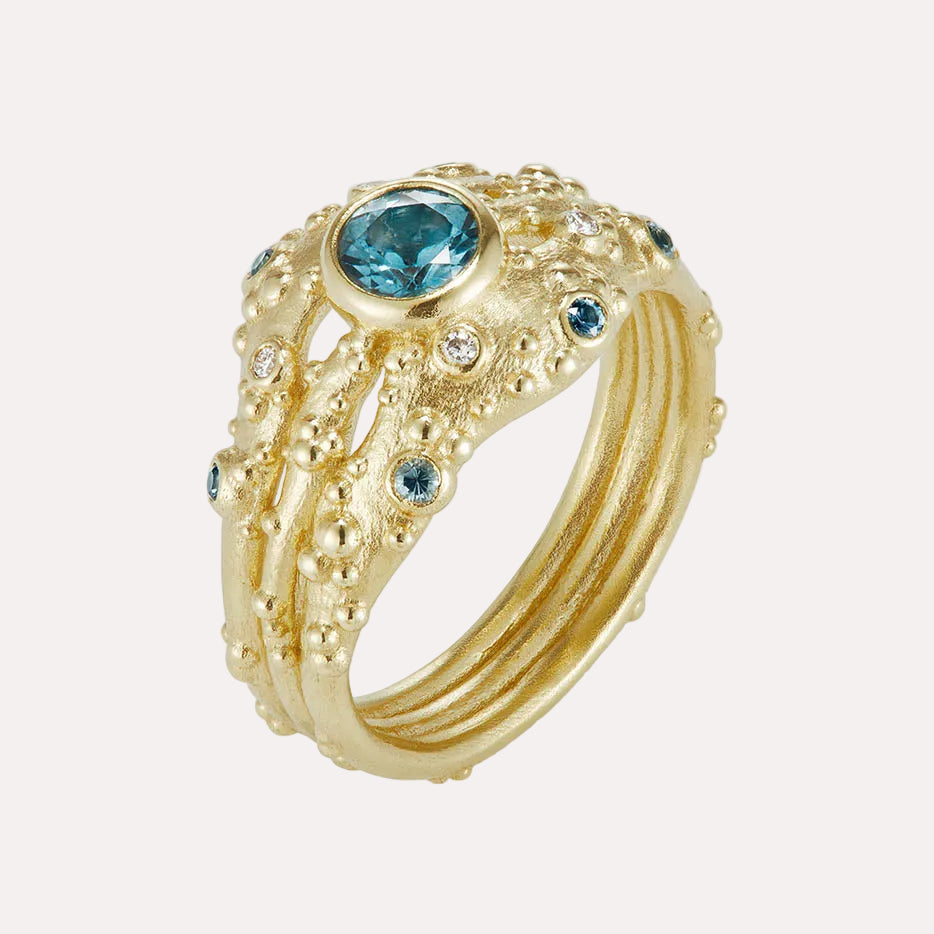 Orno three strand statement ring with blue sapphire and diamonds 14ct yellow gold