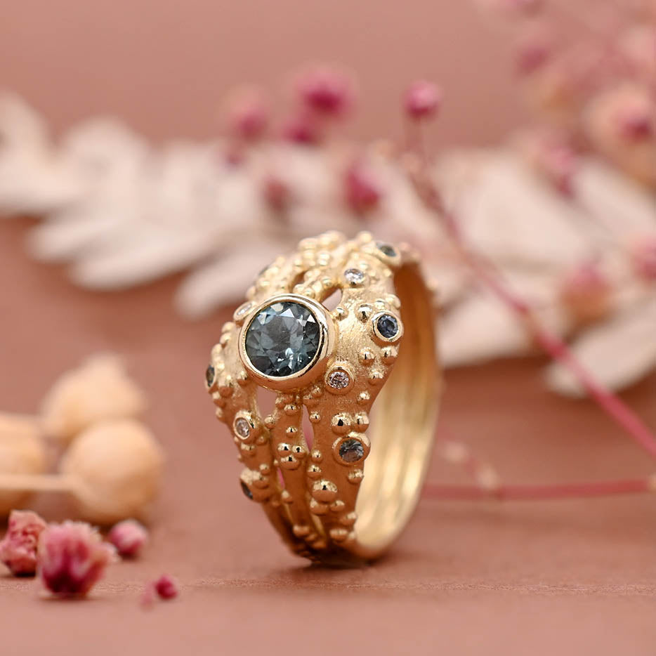 Orno three strand statement ring with blue sapphire and diamonds 14ct yellow gold