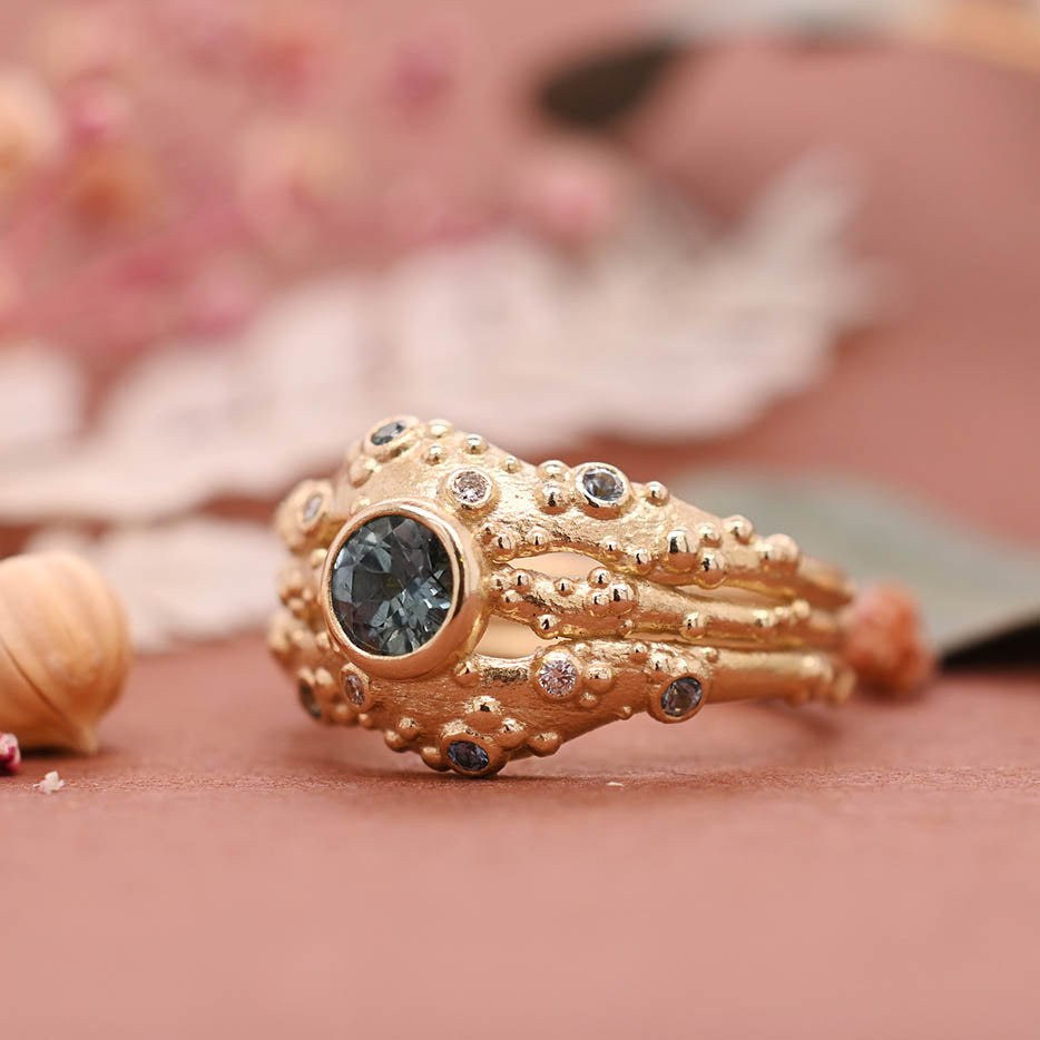 Orno three strand statement ring with blue sapphire and diamonds 14ct yellow gold