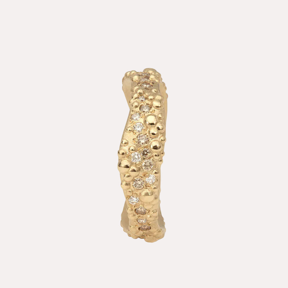 Orno wide ring with champagne and white diamonds 9ct yellow gold