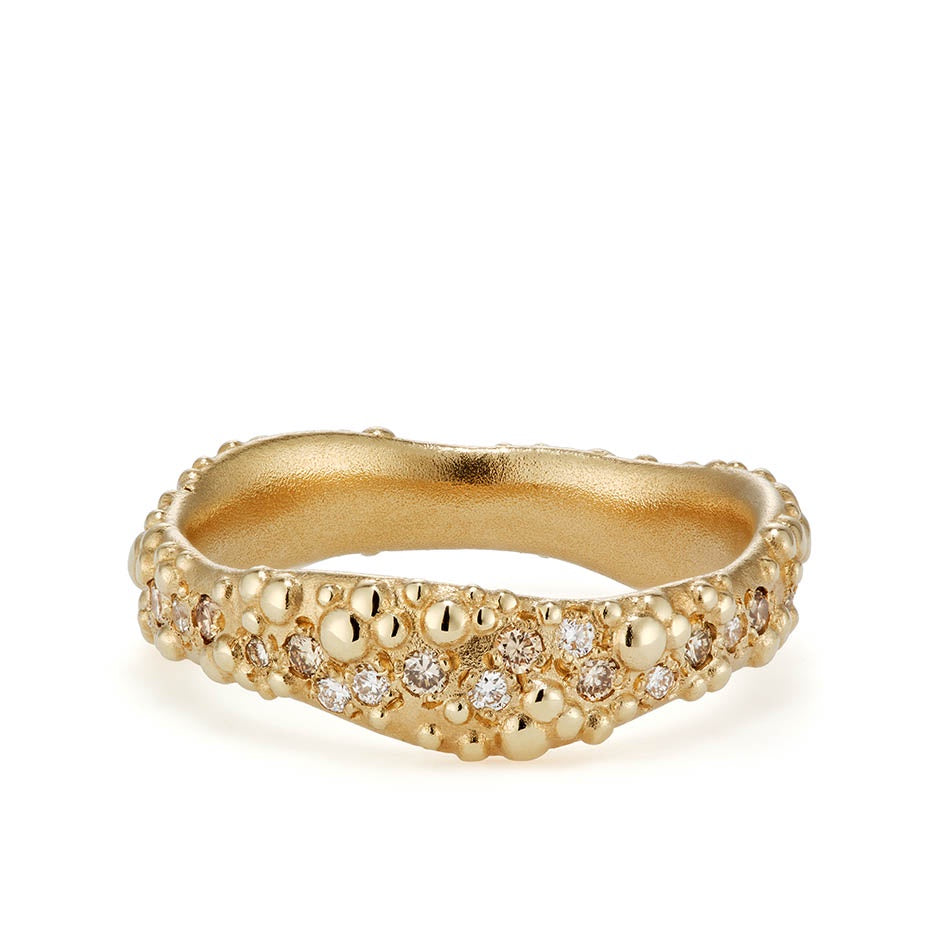 Orno wide ring with champagne and white diamonds 9ct yellow gold
