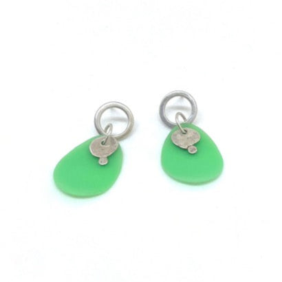silver and green plastic drop earrings