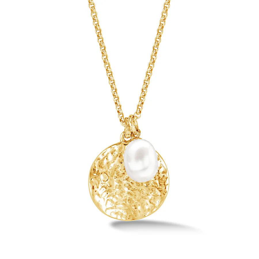Hammered Disk & Pearl Necklace