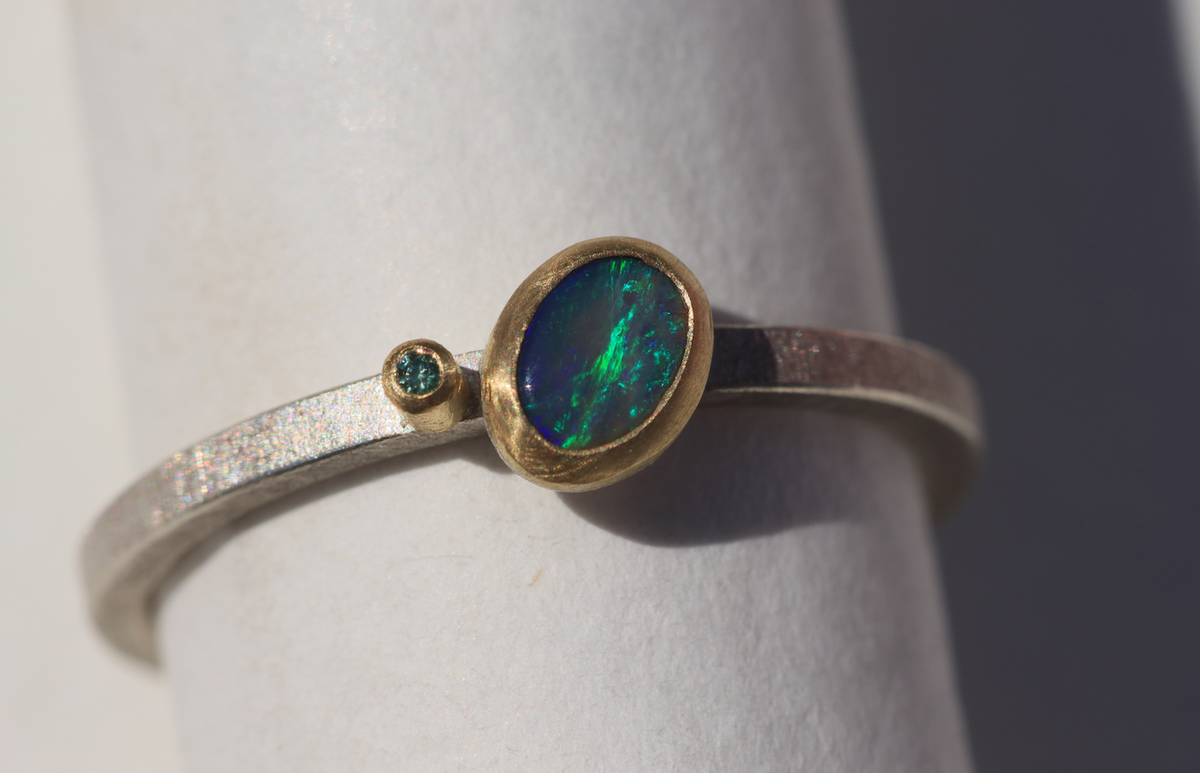 Mini Green-Blue Opal Asymmetric & Green Diamond Ring