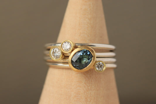 Stacking rings with diamonds and Blue Tourmaline