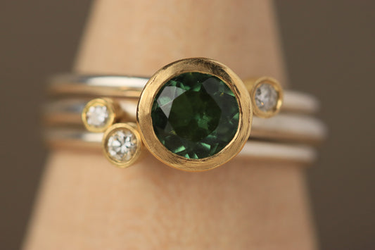 Stacking rings with diamonds and Green Tourmaline