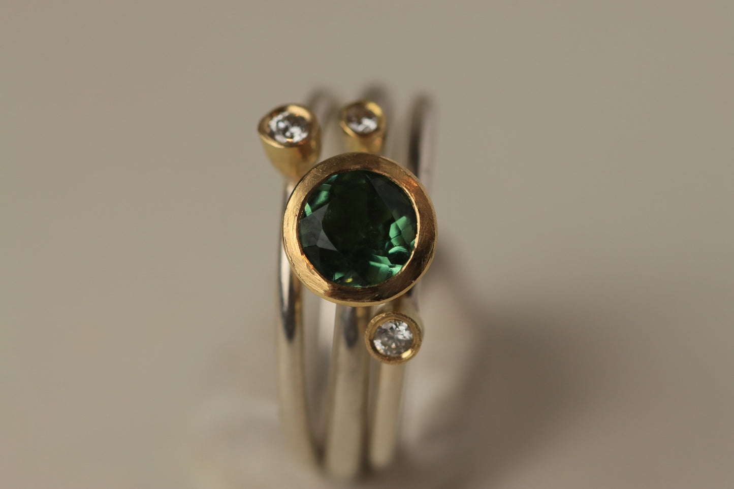 Stacking rings with diamonds and Green Tourmaline
