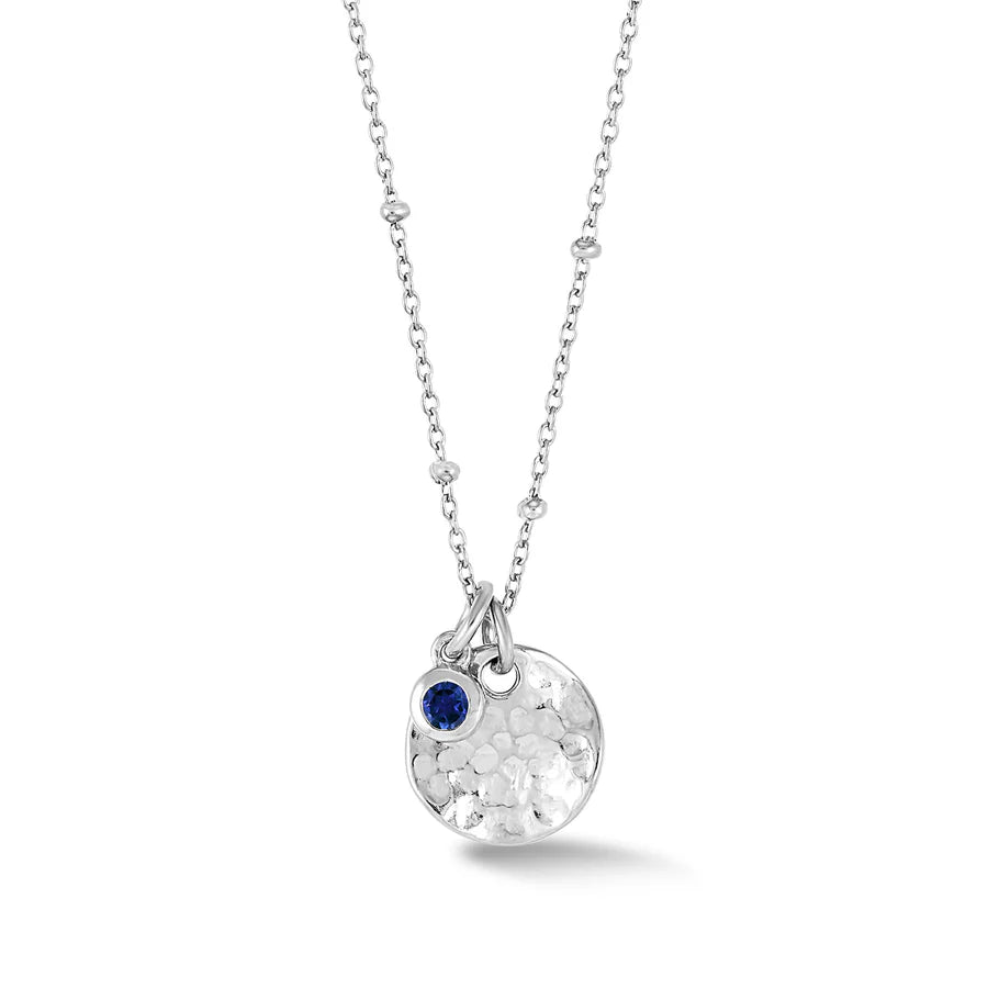Hammered Disc and Sapphire Pendant Silver