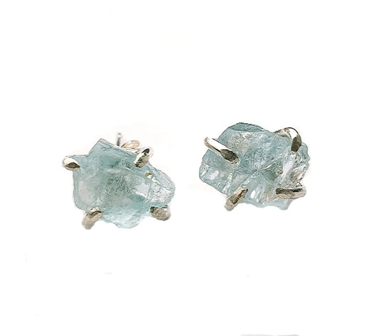 silver & raw aquamarine stud earrings